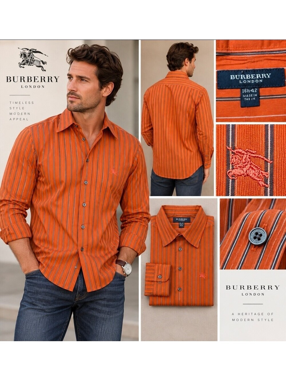 Burberry London Men’s Orange Striped Button Down Shirt 16.5 42 Equestrian Logo
